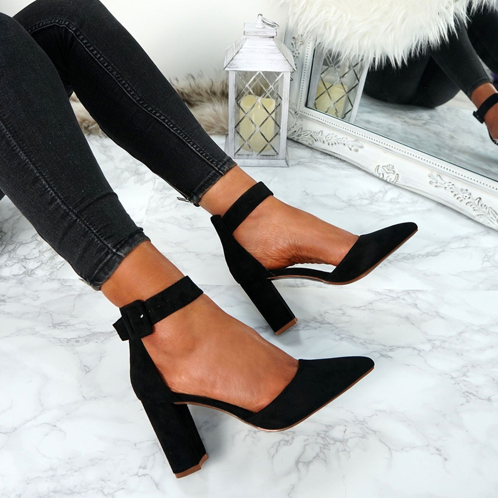 Black Suedette Ankle Tie Pointed Stiletto Heel Court Shoes | New Look